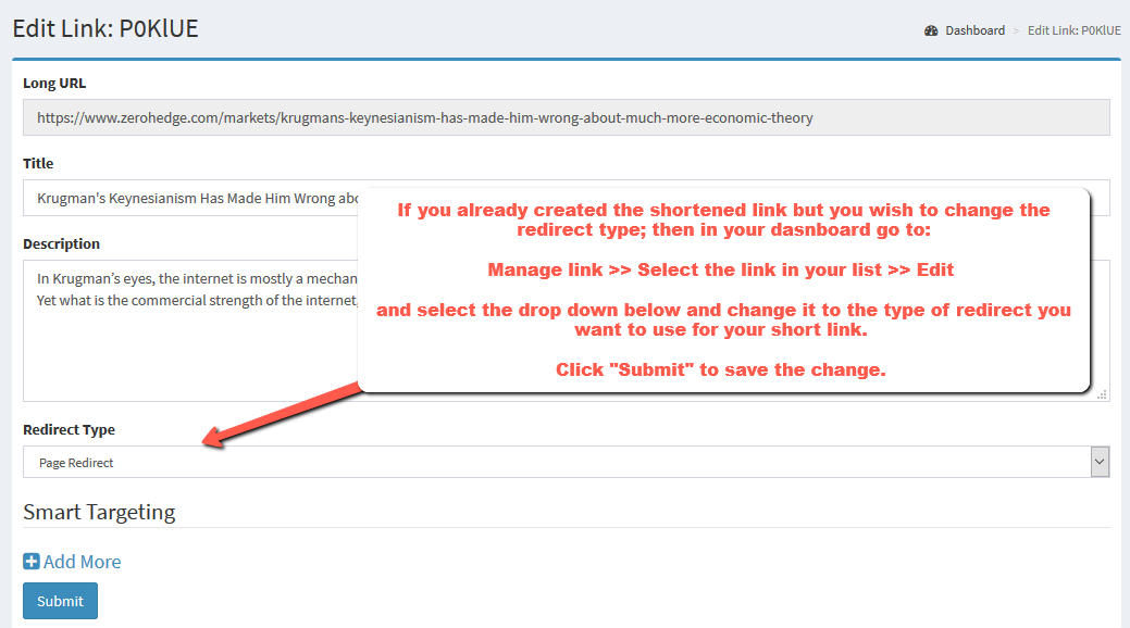 change-redirect type existing URL link | Simple URL Shortener