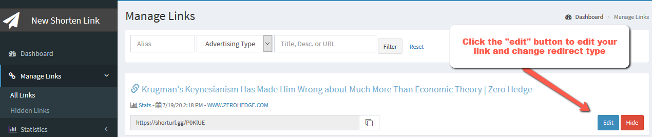 menu expanded manage links edit button | Simple URL Shortener