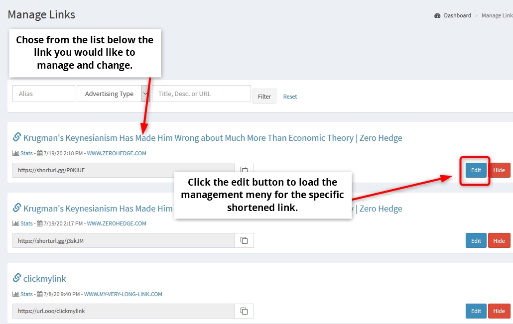 Manage links - change or edit link destination  | Simple URL Shortener