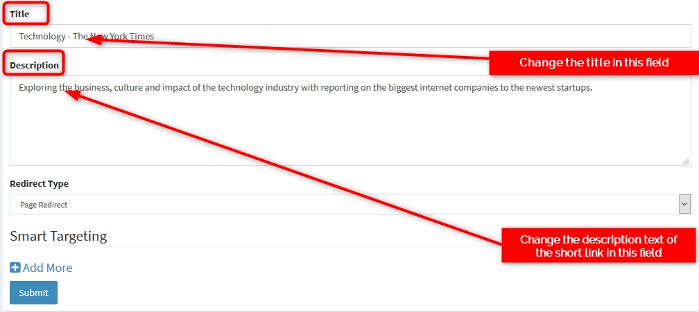 Simple URL Shortener | user account manage link edit title description