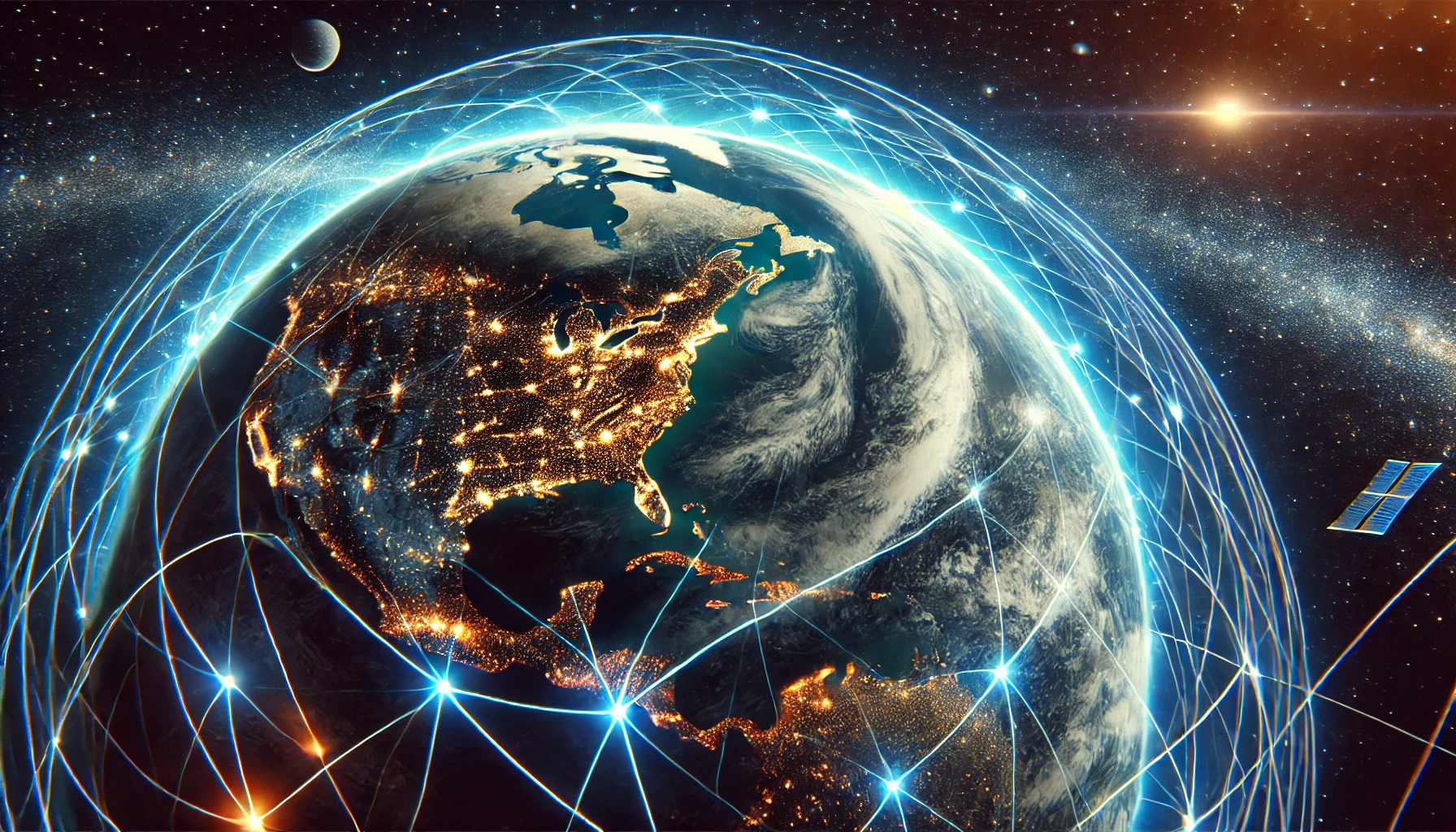 Earth from space at night, city lights visible, with a glowing futuristic energy grid overlay wrapped around the planet.